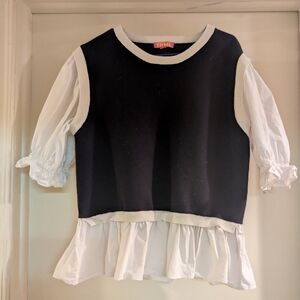THML Navy Knit &  White Poplin Sleeves Blouse Top